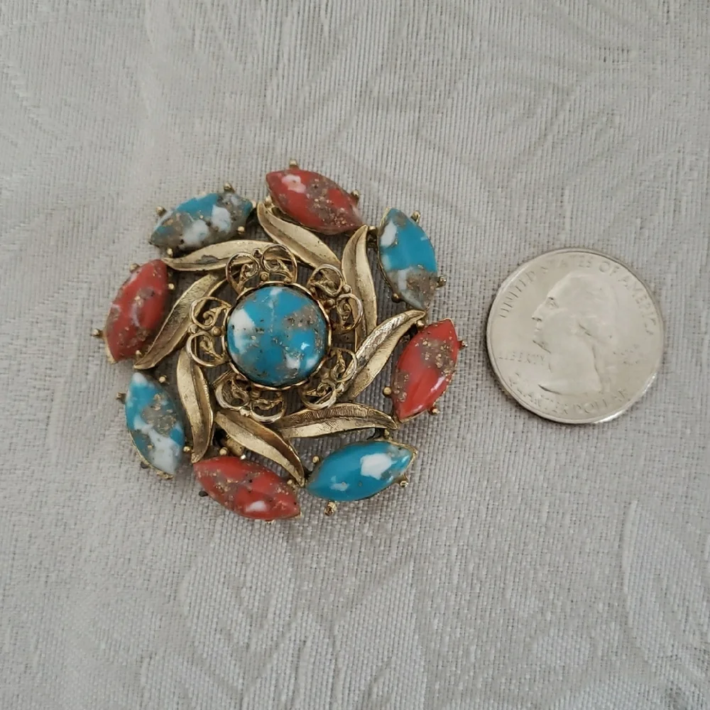 Vintage Gold colored  Floral Brooch with Turquoise and Coral Accents - Picture 2 of 4